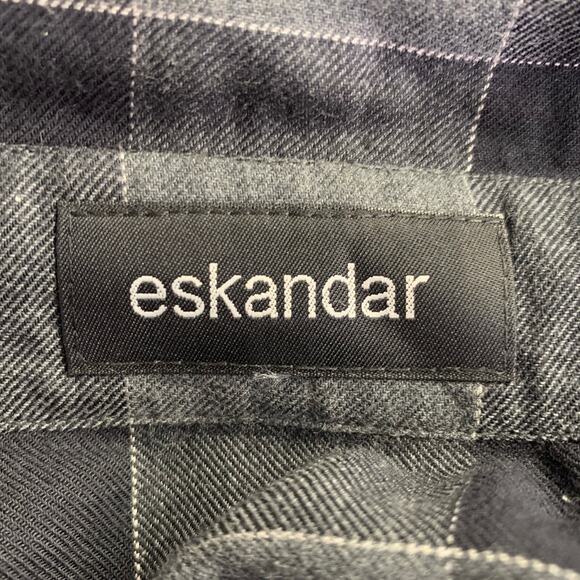 ESKANDAR Size L Black Charcoal Cotton Oversized Checkered Point Collar Shirt - Picture 4 of 6